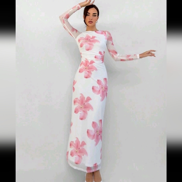 Romantic Date Night Floral Print Pleated Long Sleeve Dress For Women - Picture 3 of 4